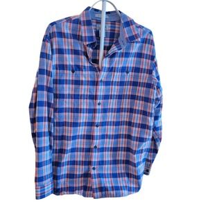 LL Bean Mens Traditional Fit Plaid Button Down Shirt Sz Large Blue Orange Cotton